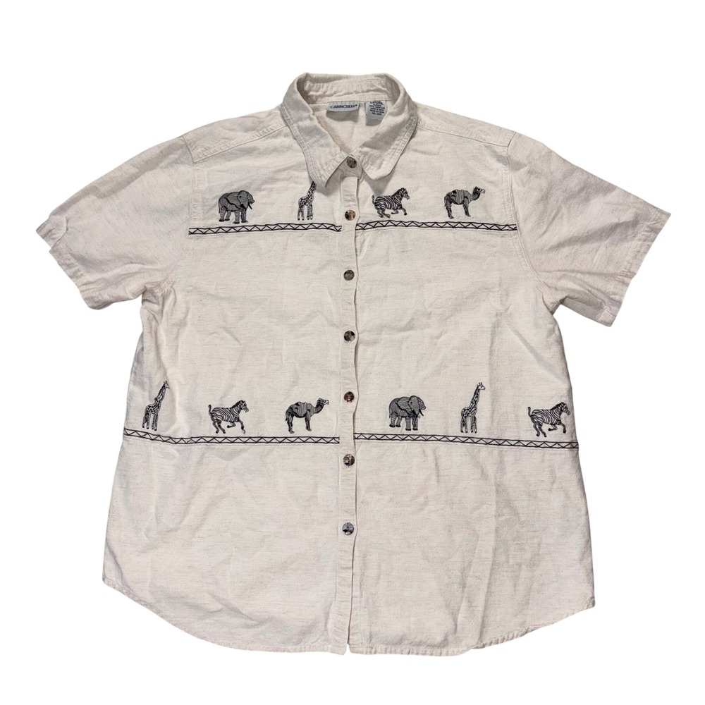 Cabin Creek Womens Large Linen Blend Safari Animal Embroidered Button Down Shirt